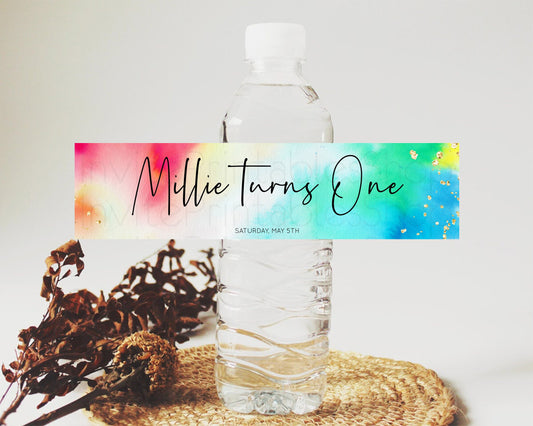 Editable Tie Dye Water Label Template Rainbow Pastel Ombre Watercolor Party