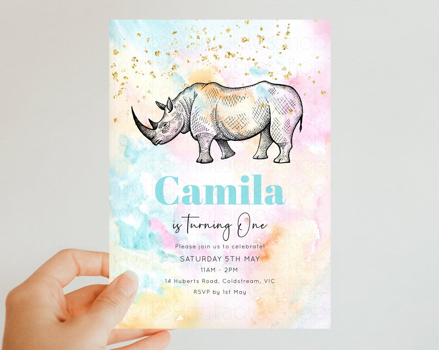 Pastel Rhinoceros Birthday Invitation Pastel Rhino Invite Rainbow Rhino Invitation Colorful Watercolor Invite Safari Zoo Glitter Invite W286