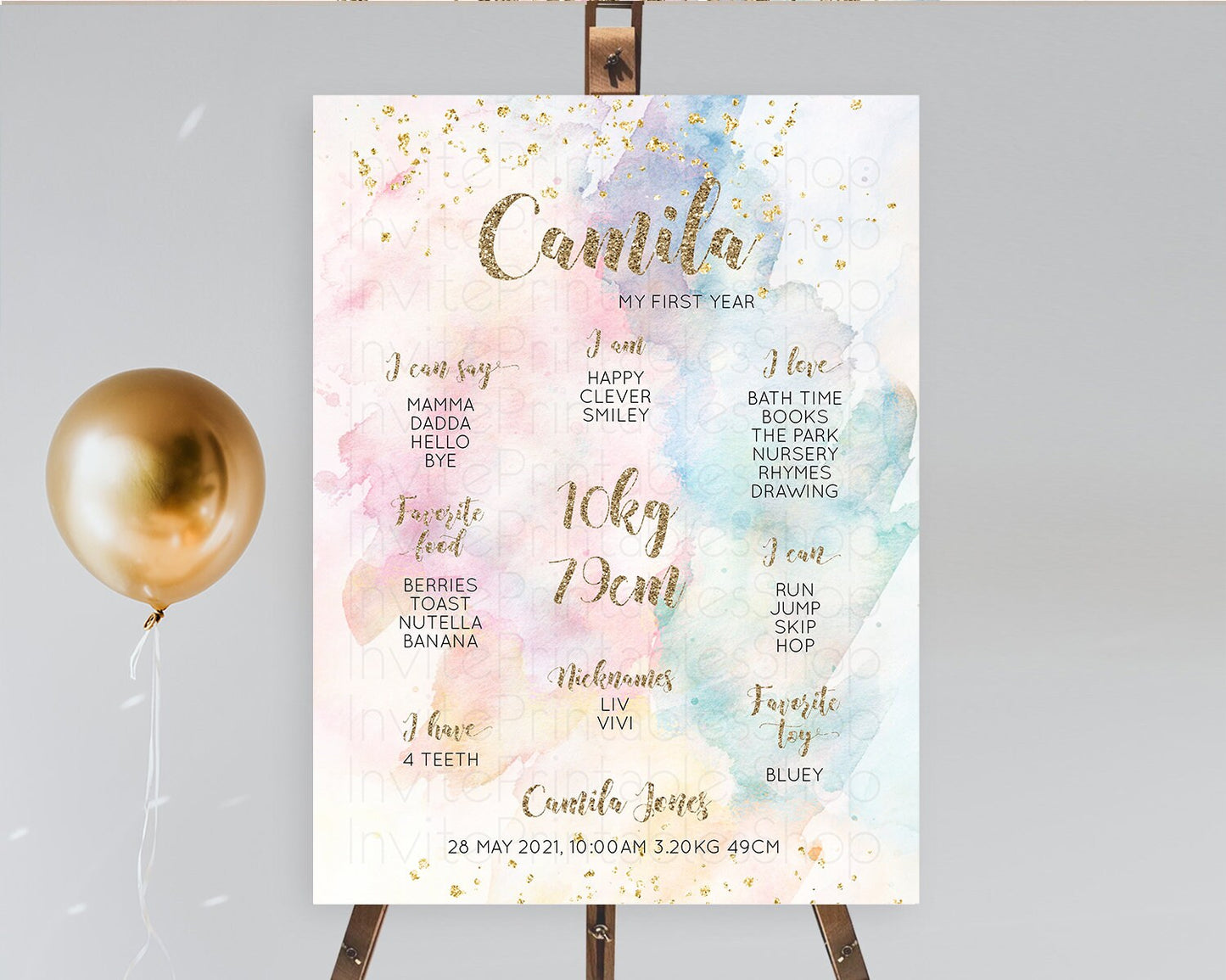 Pastel First Birthday Milestone Board Pastel Rainbow Milestone Poster Colorful Confetti Watercolor Glitter 1st Birthday Welcome Sign D10264