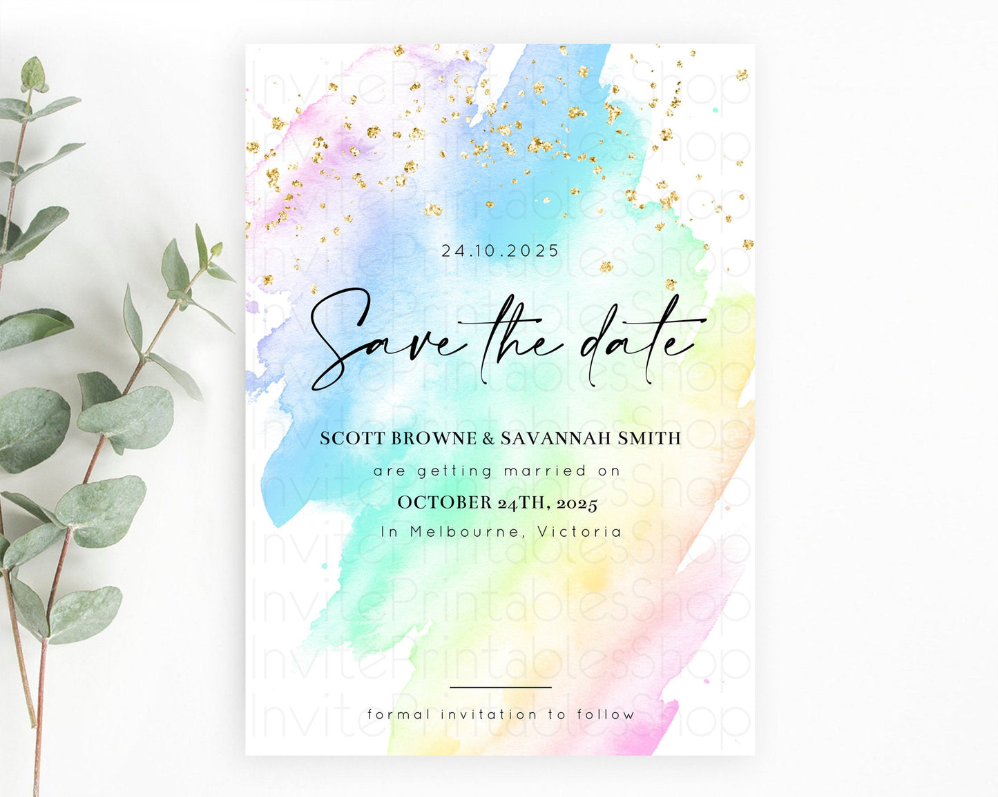 Pastel Save The Date Template Pastel Ombre Rainbow Watercolor Colorful Party For Birthday Baptism Baby Shower Wedding Bridal Shower D10640