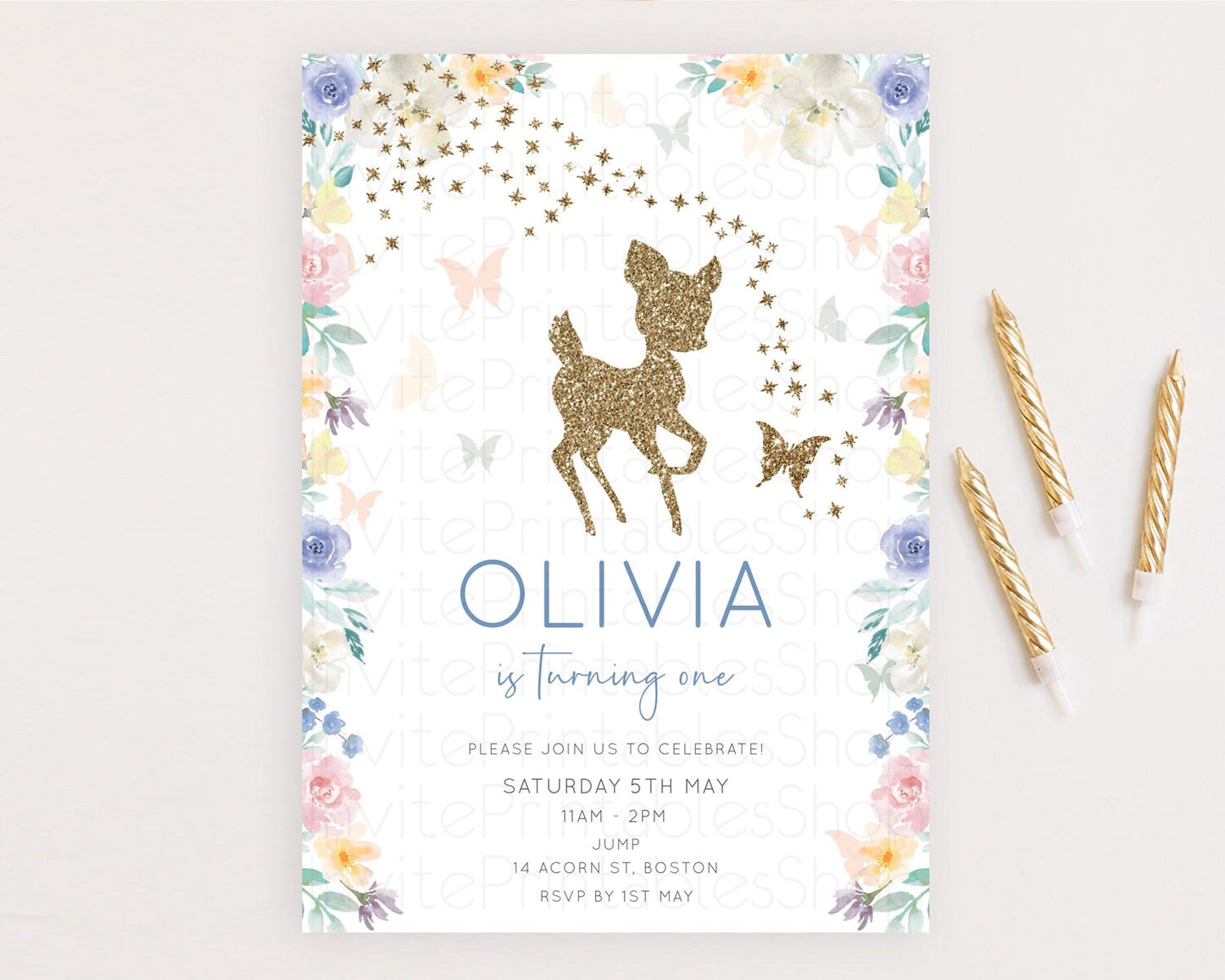 Fawn Birthday Invitation Deer Birthday Invitation Enchanted Forest Party Butterfly Pastel Flowers Whimsical 2nd 1st First Birthday D10878