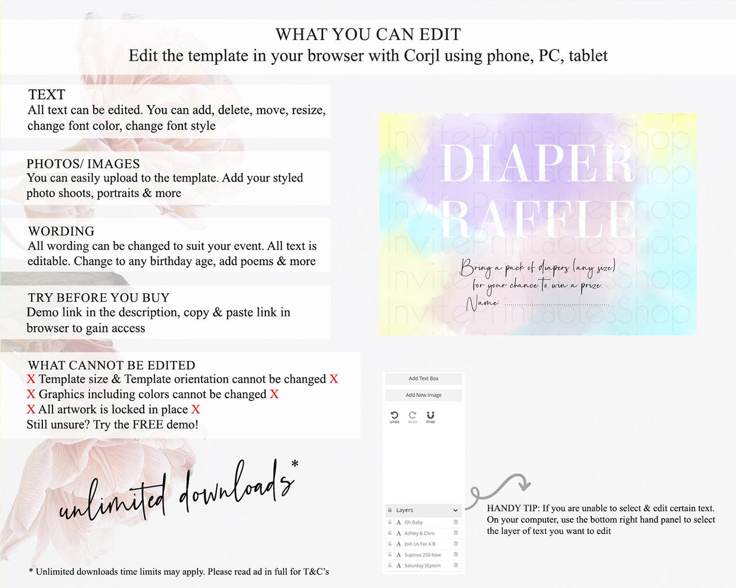 Pastel Diaper Raffle Card Pastel Rainbow Diaper Raffle Insert Colorful Ombre Watercolor Diaper Ticket Confetti Glitter Raffle Game D10617