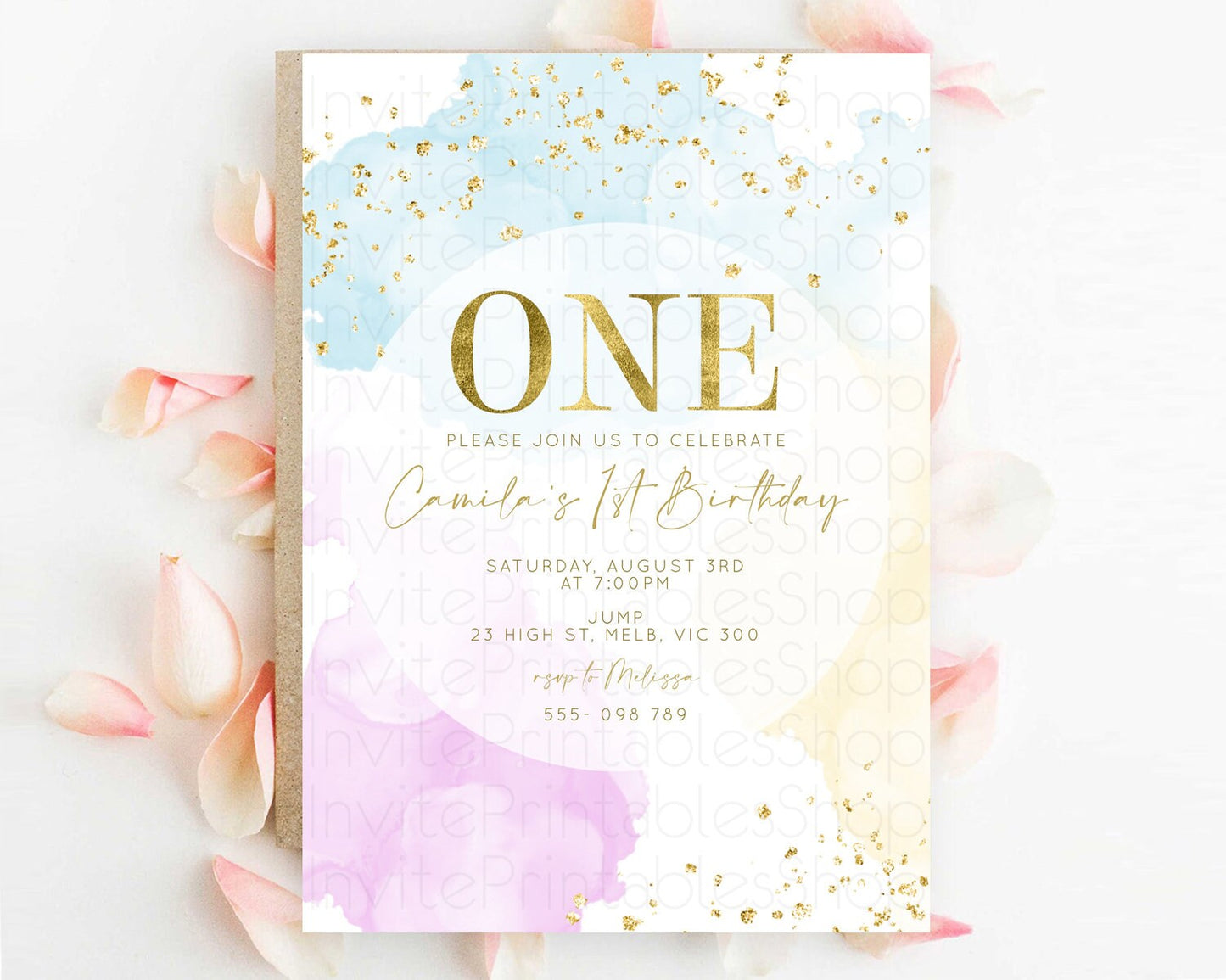 Editable Rainbow Birthday Invitation Colorful Pastel Watercolor Invitation G