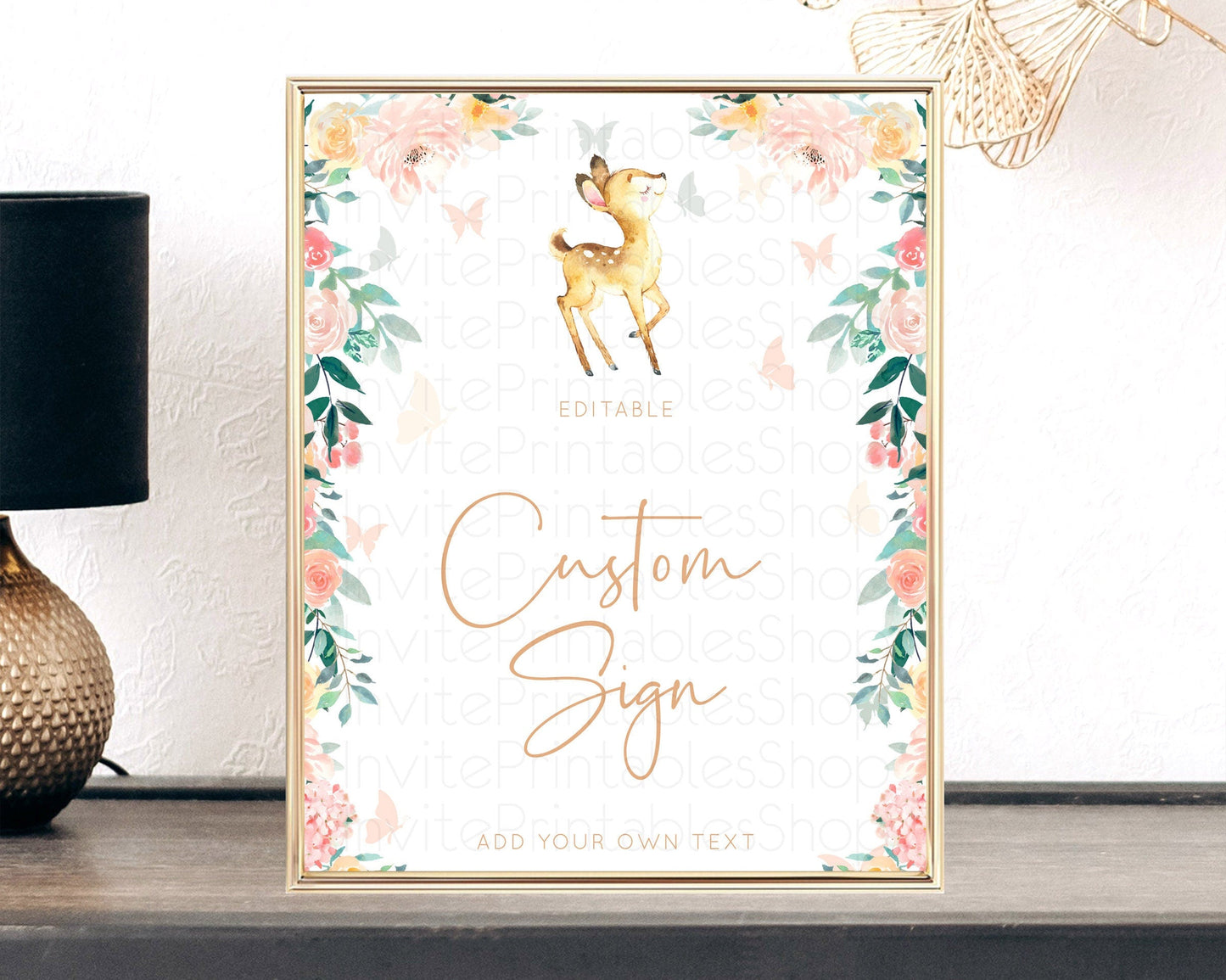 Fawn Deer Sign Pastel Floral Deer Table Sign Decor Enchanted Forest Butterfly Party 1st Birthday Baptism Baby Shower Bridal Shower D10753