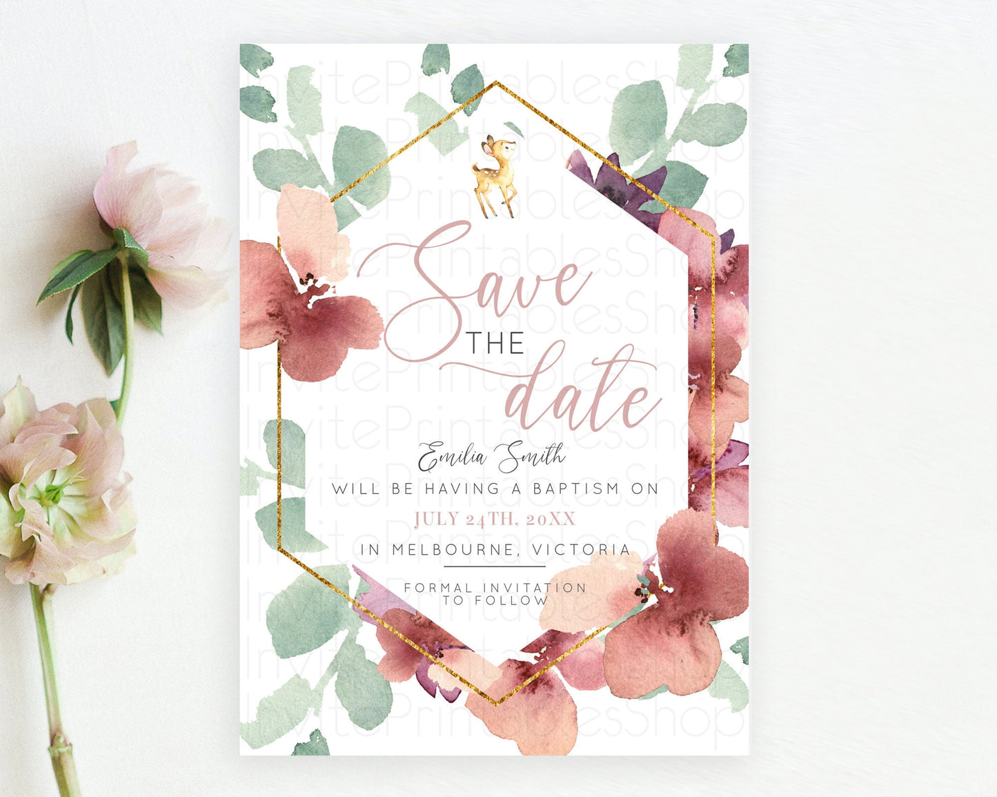 Fawn Deer Save The Date Template Pastel Floral Deer Enchanted Forest Butterfly Party 1st Birthday Baptism Baby Shower Bridal Shower D10915