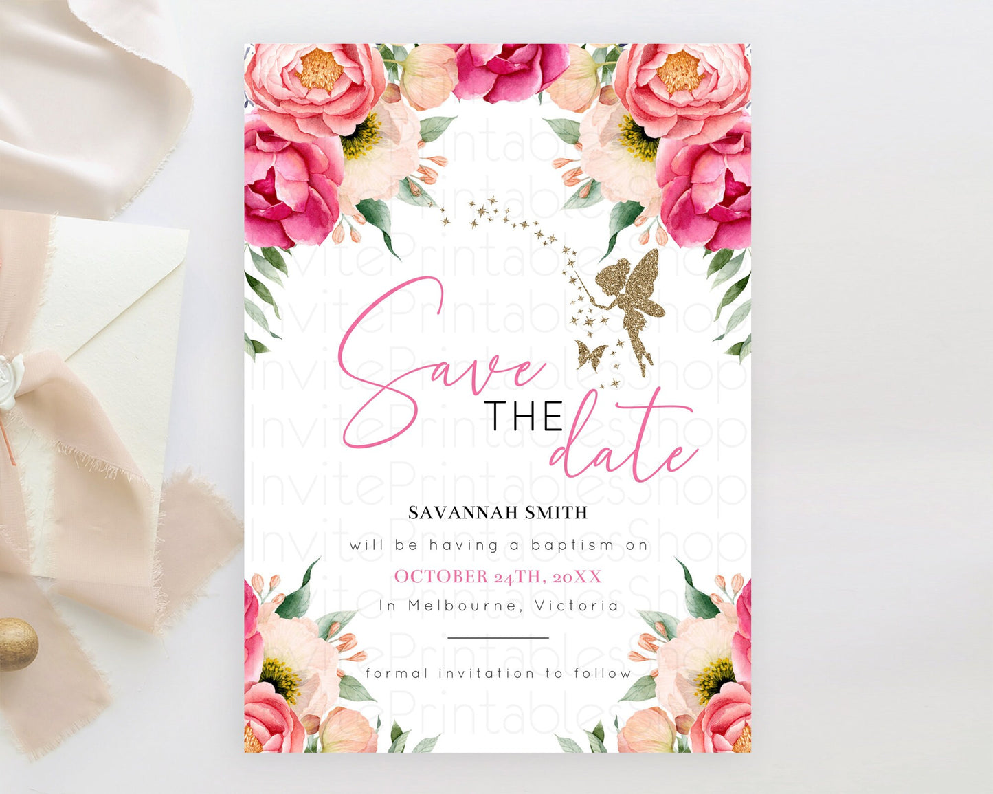 Editable Fairy Save The Date Template Enchanted Garden Pastel Floral Butterf