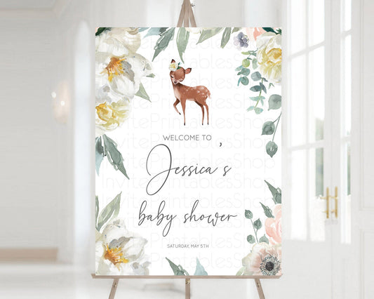 Editable Fawn Baby Shower Welcome Sign Deer Welcome Board Floral Deer Welcom