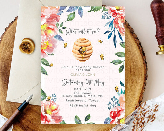 Editable Momma Bee Baby Shower Invitation, Sweet Honey Bee, Floral Beehive,