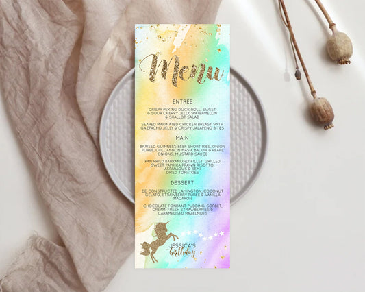 Editable Unicorn Rainbow Menu Template Pastel Unicorn Menu Magical Ombre Uni