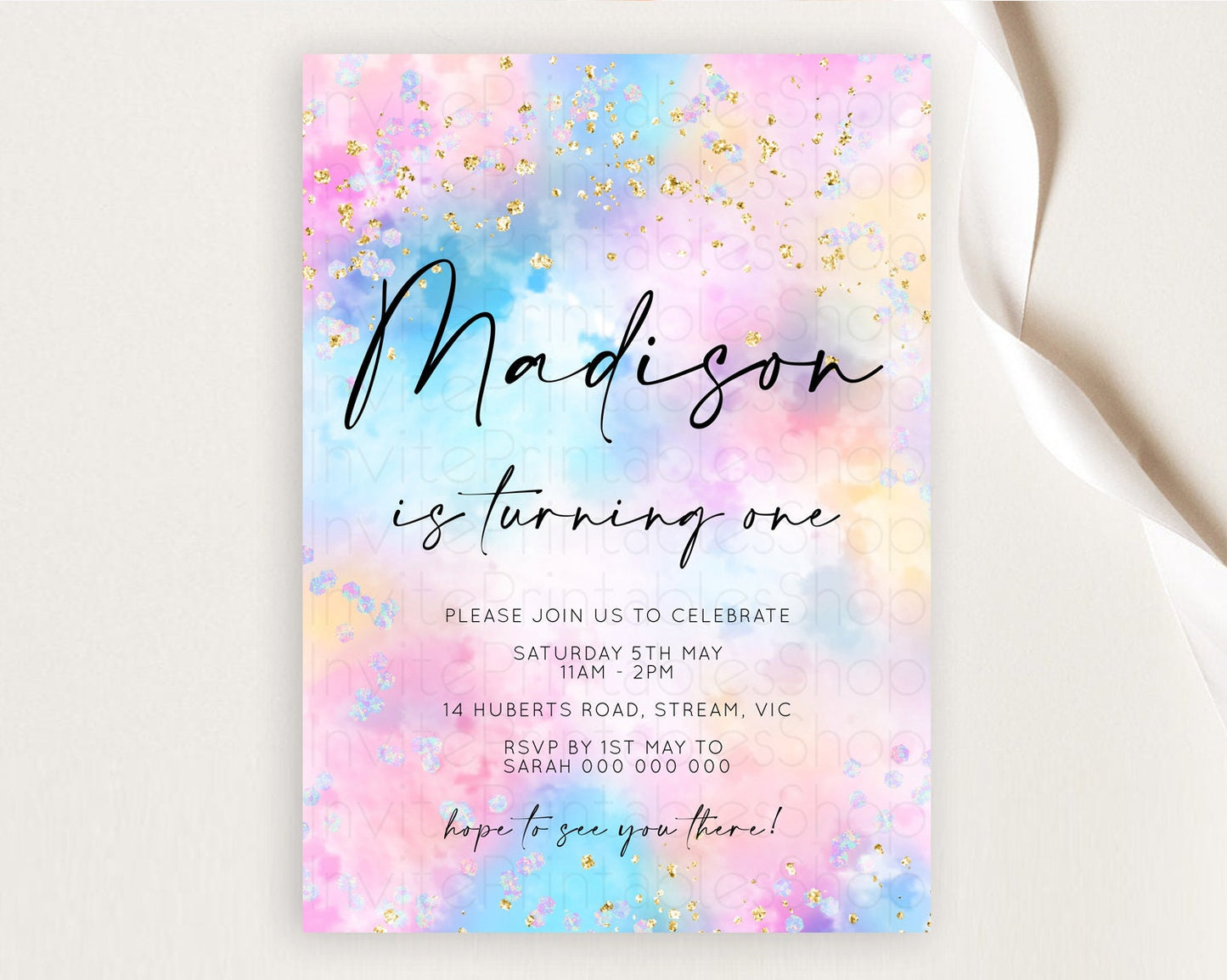 Rainbow Birthday Invitation Colorful Pastel Watercolor Invitation Gold Glitter Sprinkles Ombre Pastel 1st 2nd 3rd Birthday D10607