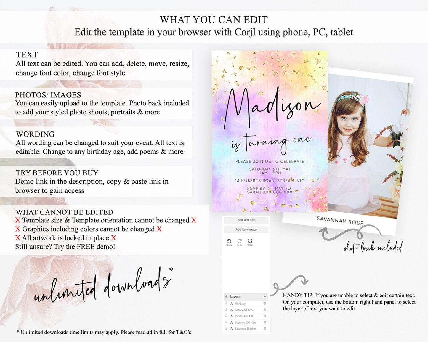 Rainbow Birthday Invitation Colorful Pastel Watercolor Invitation Gold Glitter Sprinkles Ombre Pastel 1st 2nd 3rd Birthday D10438