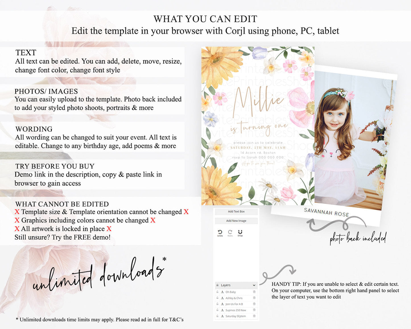 Secret Garden Invitation Wildflower Birthday Invitation Pastel Flowers Invite Enchanted Garden Boho Floral 3rd 2nd First Birthday D23370