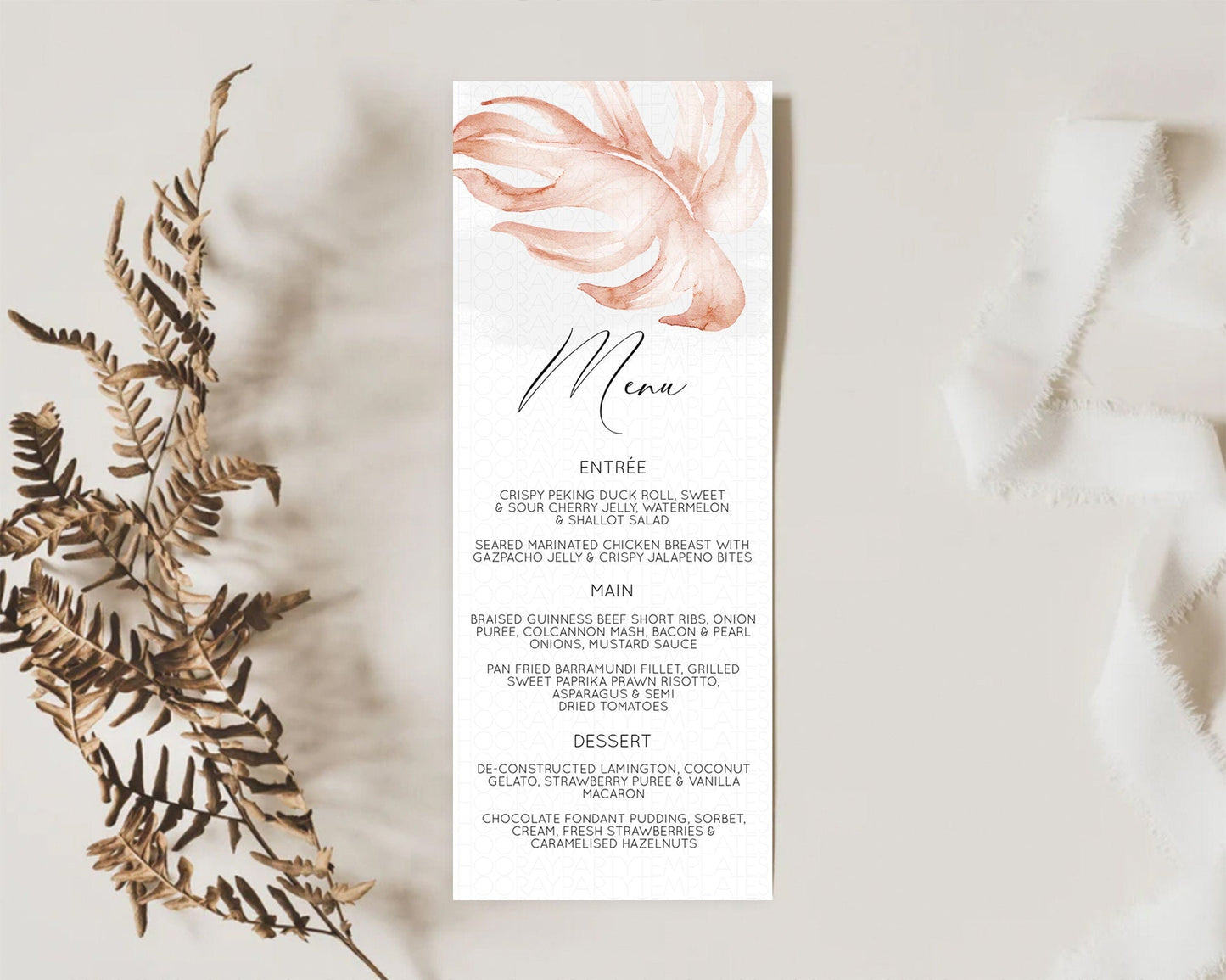 Tropical Menu Template Tropical Menu Palm Leaf Fern Table Decor Frangipani Floral White Orchid Dinner Dessert Menu Party Food Menu D11044