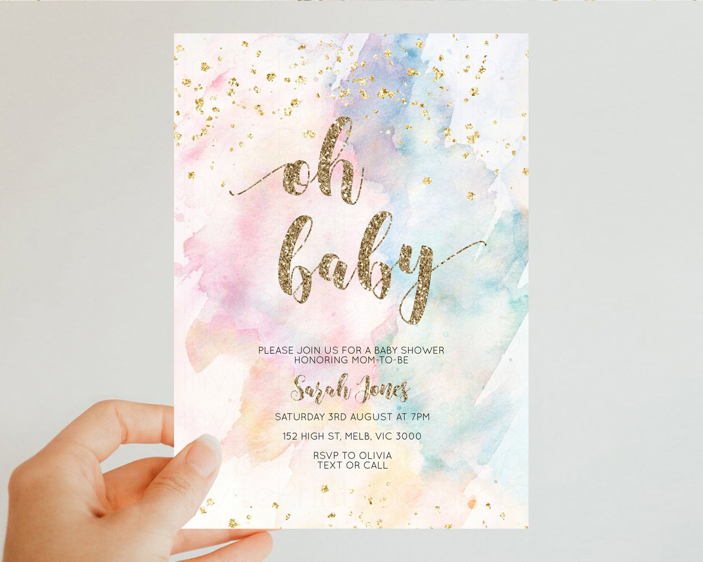 Rainbow Baby Shower Invitation Pastel Baby Shower Invitation Watercolor Ombre Invitation Rainbow Pastel Colors Invite Glitter Confetti 276