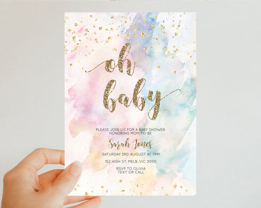 Rainbow Baby Shower Invitation Pastel Baby Shower Invitation Watercolor Ombre Invitation Rainbow Pastel Colors Invite Glitter Confetti 276
