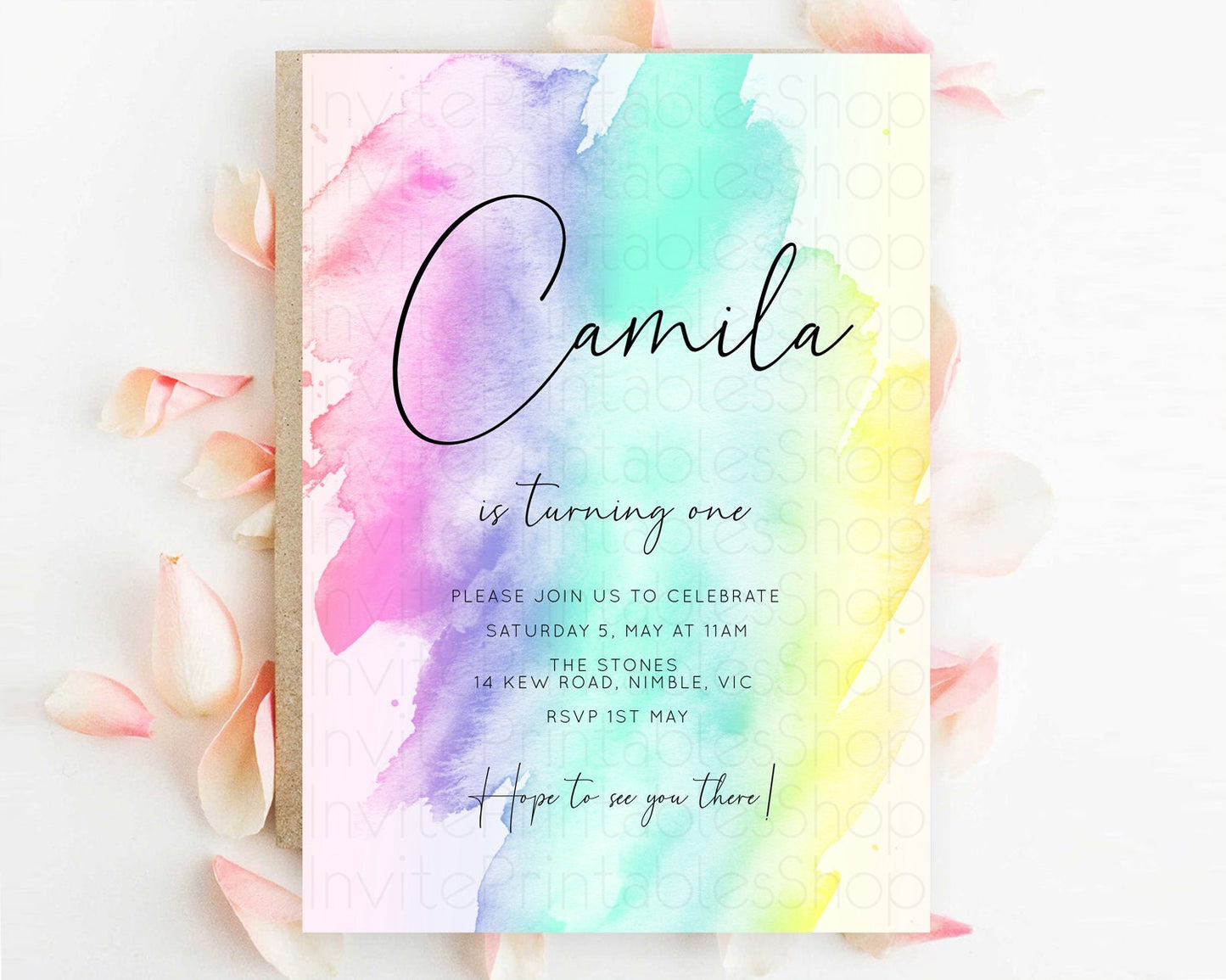 Rainbow Birthday Invitation Colorful Pastel Watercolor Invitation Gold Glitter Sprinkles Ombre Pastel 1st 2nd 3rd Birthday D10231