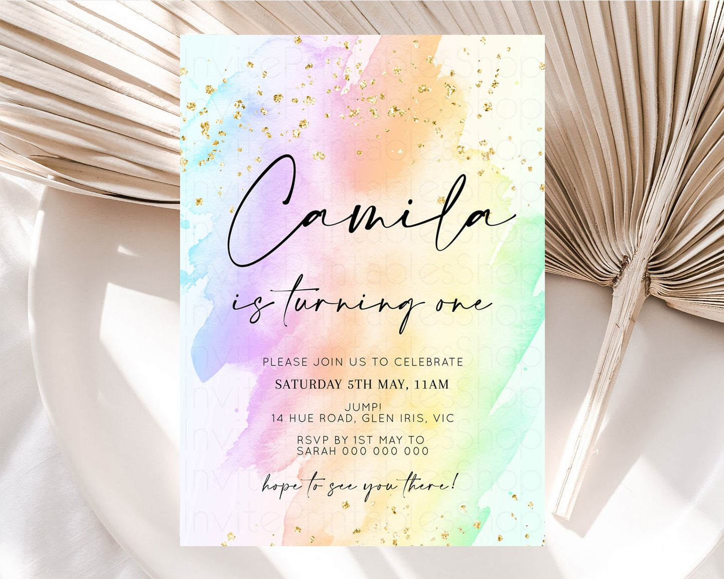 Rainbow Birthday Invitation Glitter Pastel Invitation Colorful Watercolor Gold Foil Splatter Sprinkle Ombre 1st 2nd 3rd Birthday Invite t602