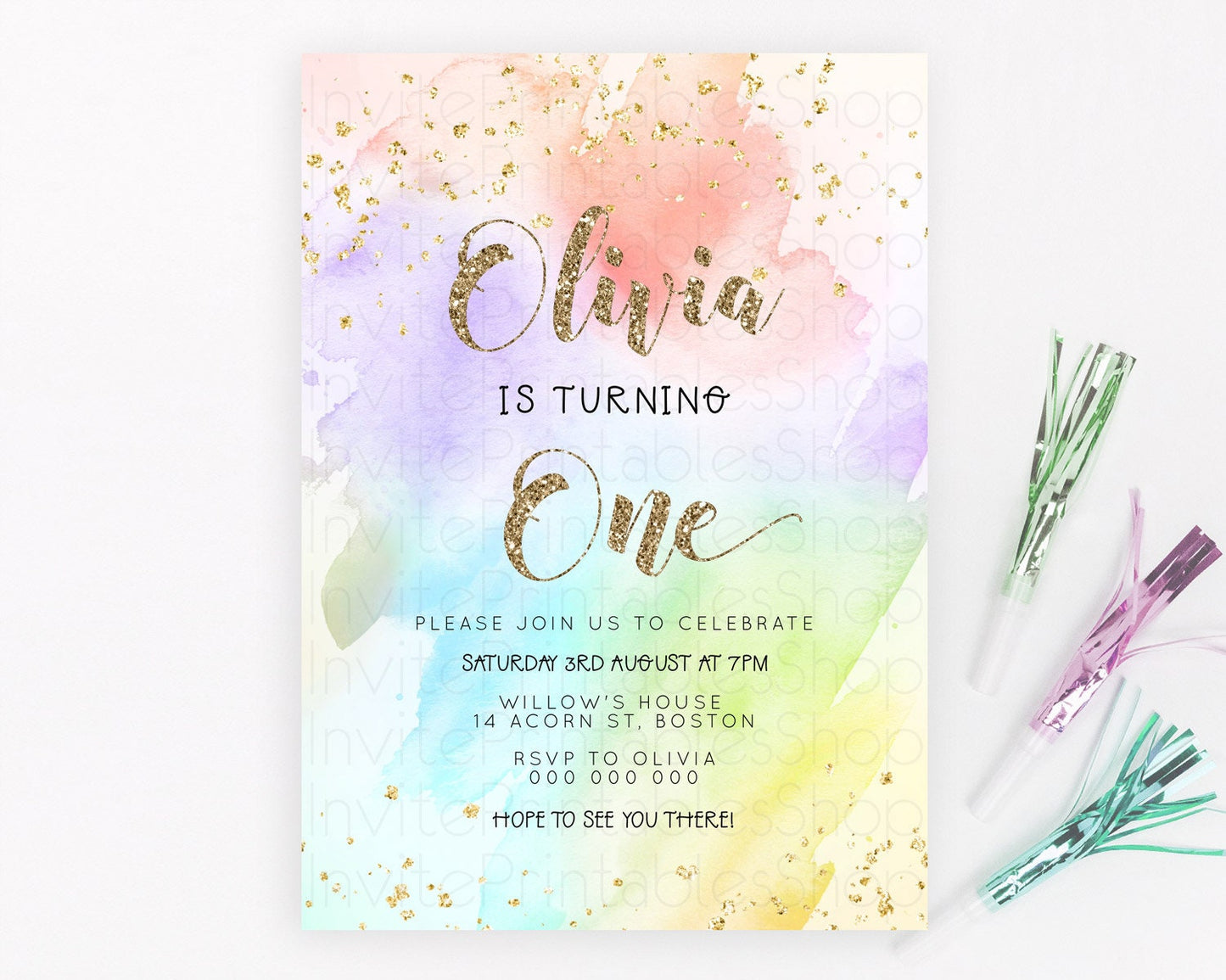 Rainbow Birthday Invitation Colorful Pastel Watercolor Invitation Gold Glitter Sprinkles Ombre Pastel 1st 2nd 3rd Birthday D23302