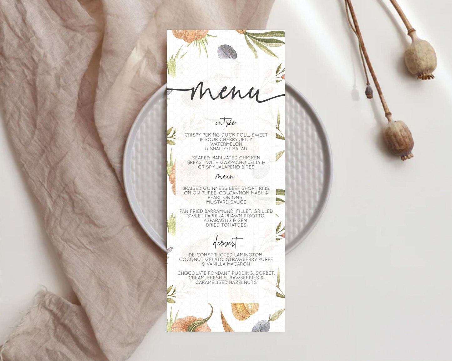 Vegetable Menu Template Pear Ladybug Plum Pumpkin Table Decor Vegetable Country Garden Farm Decor Dinner Dessert Party Food Menu D10543