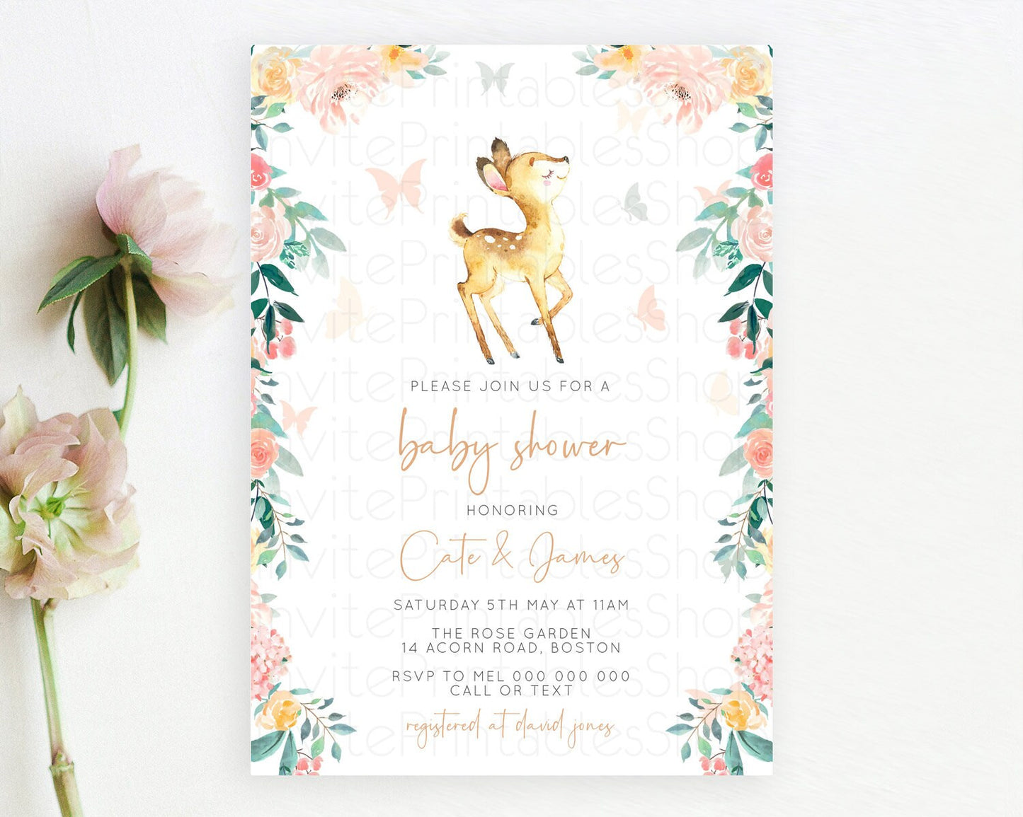 Fawn Baby Shower Invitation Deer Baby Shower Invites Enchanted Forest Theme Butterfly Pastel Flowers Whimsical Baby Shower D10753