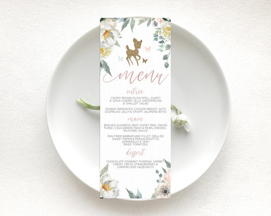 Editable Fawn Menu Deer Menu Template Pastel Floral Deer Table Decor Enchant