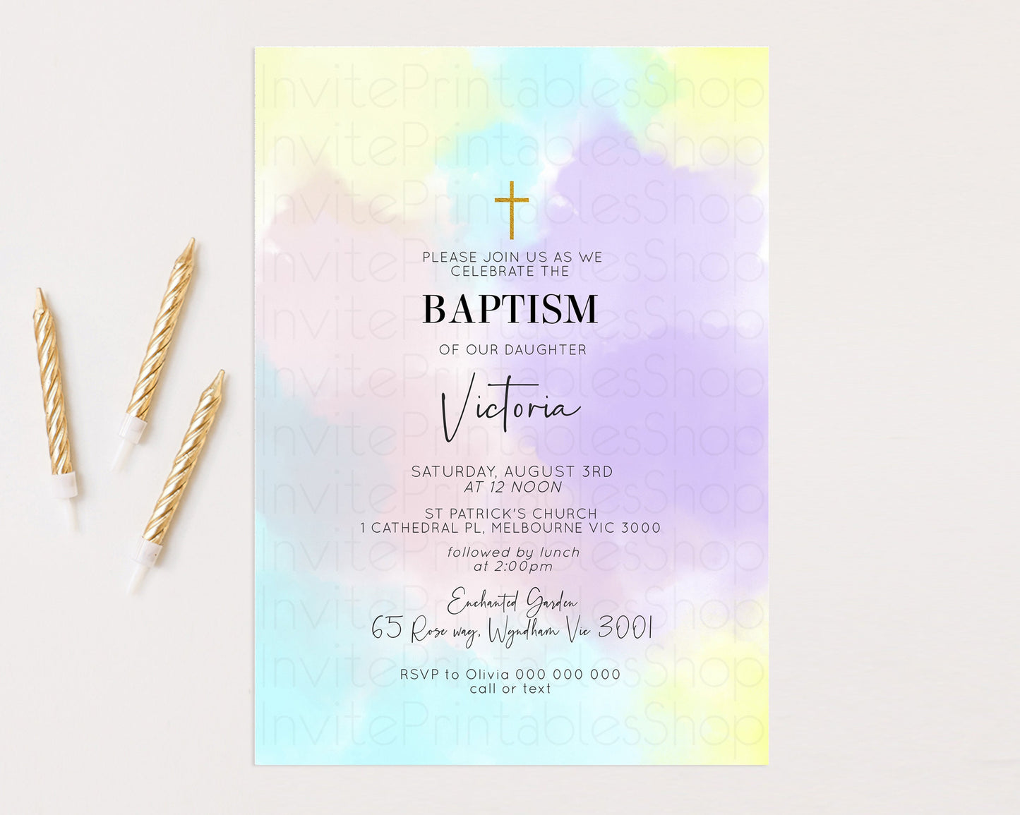 Pastel Baptism Invitation Rainbow Christening Invitation Holy Communion Invite Baptism 1st Birthday Sprinkles Ombre Watercolor Splash 595