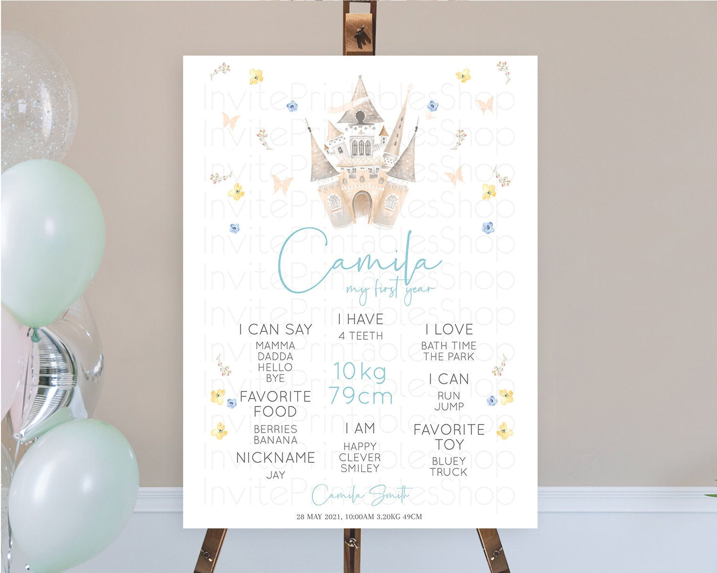 Princess First Birthday Milestone Poster Castle Milestone Board Secret Garden Enchanted Castle Pastel Floral Garden First Birthday D10365