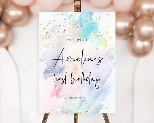 Pastel Welcome Sign Pastel Rainbow Welcome Sign Colorful Rainbow Confetti Watercolor Glitter Pastel First Birthday Welcome Sign D10422