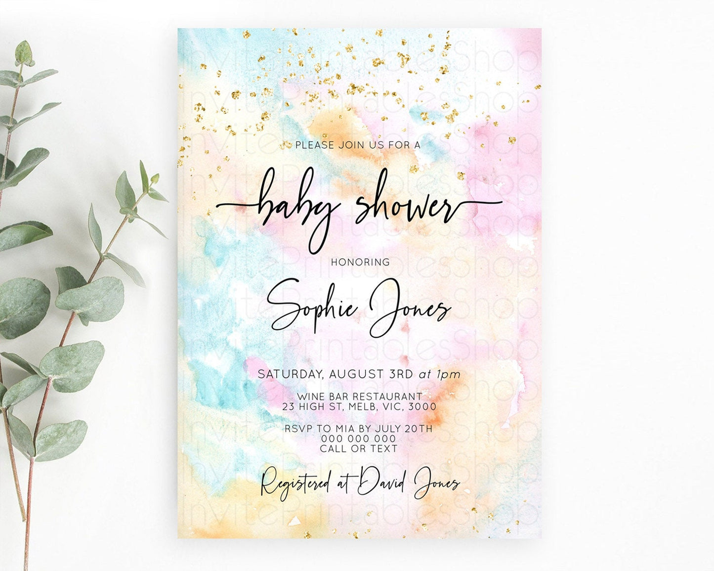 Pastel Baby Shower Invitation Rainbow Baby Shower Invitation Colorful Pastel Watercolor Invitation Gold Glitter Sprinkles Ombre D10548