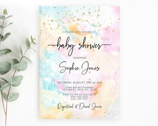 Pastel Baby Shower Invitation Rainbow Baby Shower Invitation Colorful Pastel Watercolor Invitation Gold Glitter Sprinkles Ombre D10548