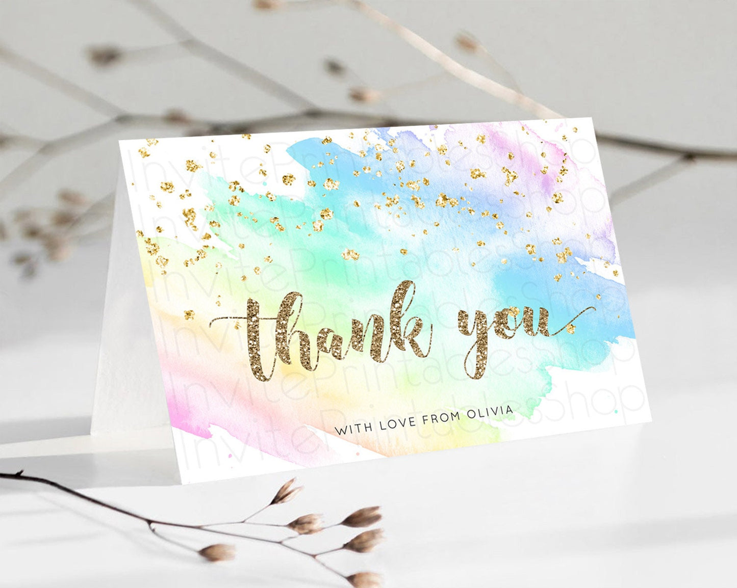 Pastel Thank You Rainbow Thank You Card Colorful Pastel Birthday Thank You Card Confetti Watercolor Pastel Teacher Thank You Cards D10637