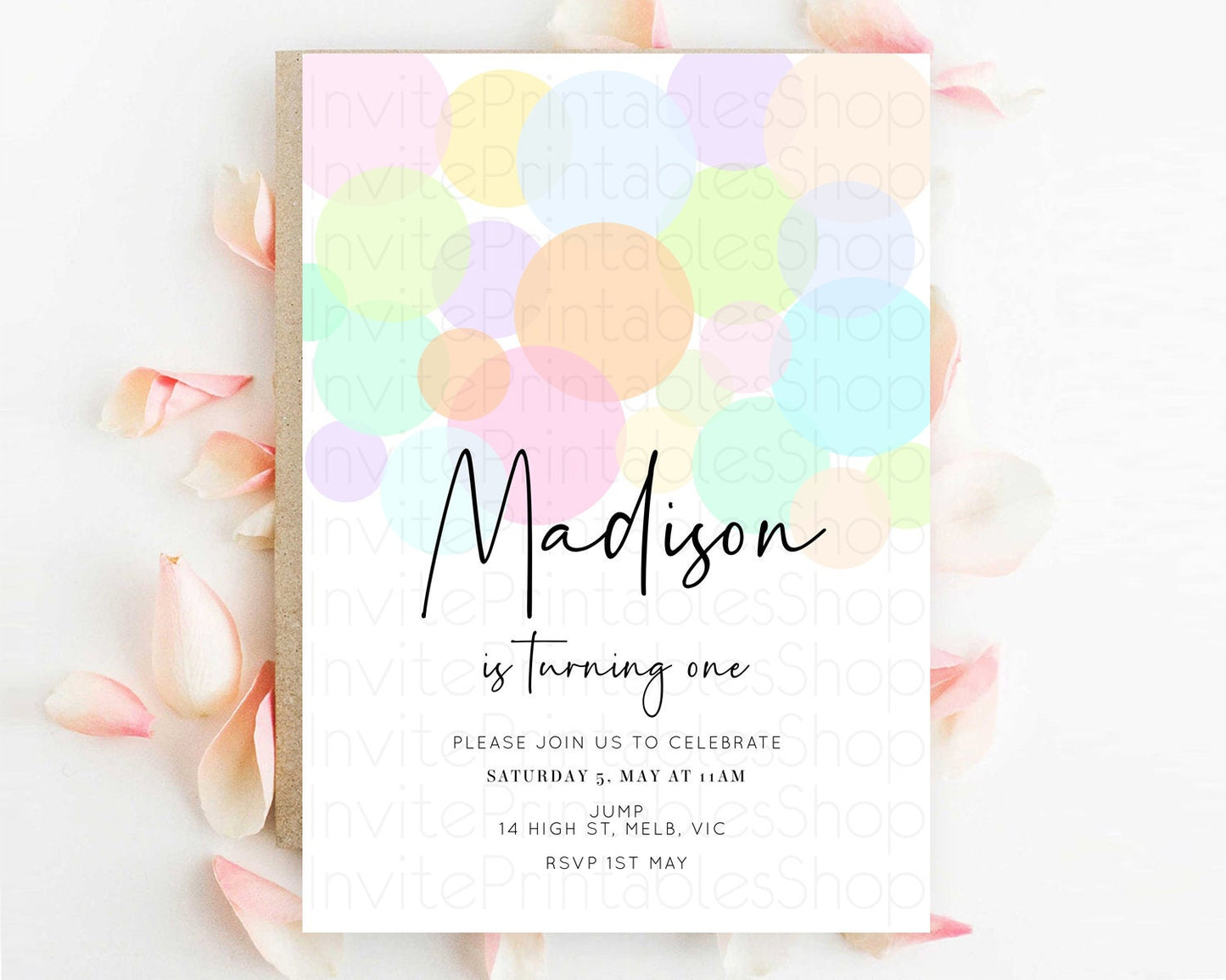 Pastel Birthday Invitation Pastel Confetti Birthday Invitation Bubbles Invitation Colorful Rainbow Confetti 2nd 1st First Birthday D10226