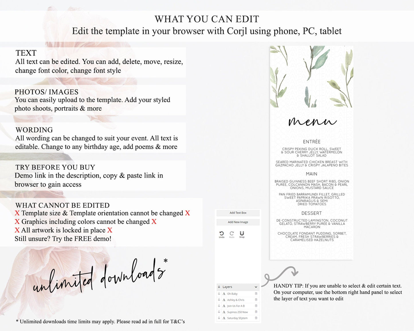 Leafy Menu Green Leaf Menu Template Eucalyptus Fern Leaves Decor Watercolor Boho Garden Leaf Branch Dinner Dessert Party Food Menu D11058