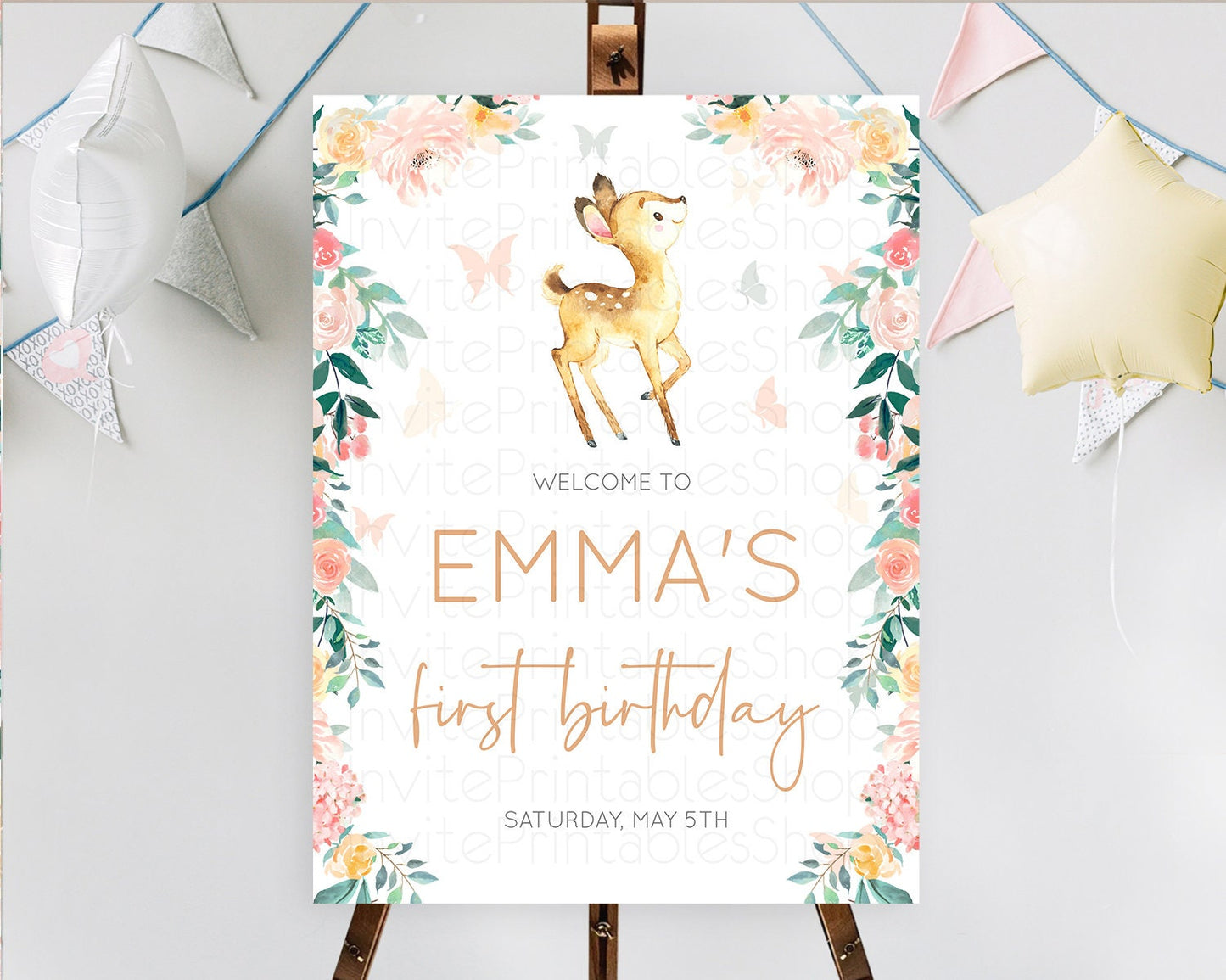 Fawn Welcome Sign Deer Welcome Board Floral Deer Welcome Poster Enchanted Forest Butterfly Pastel Floral First Birthday Welcome Sign D10753