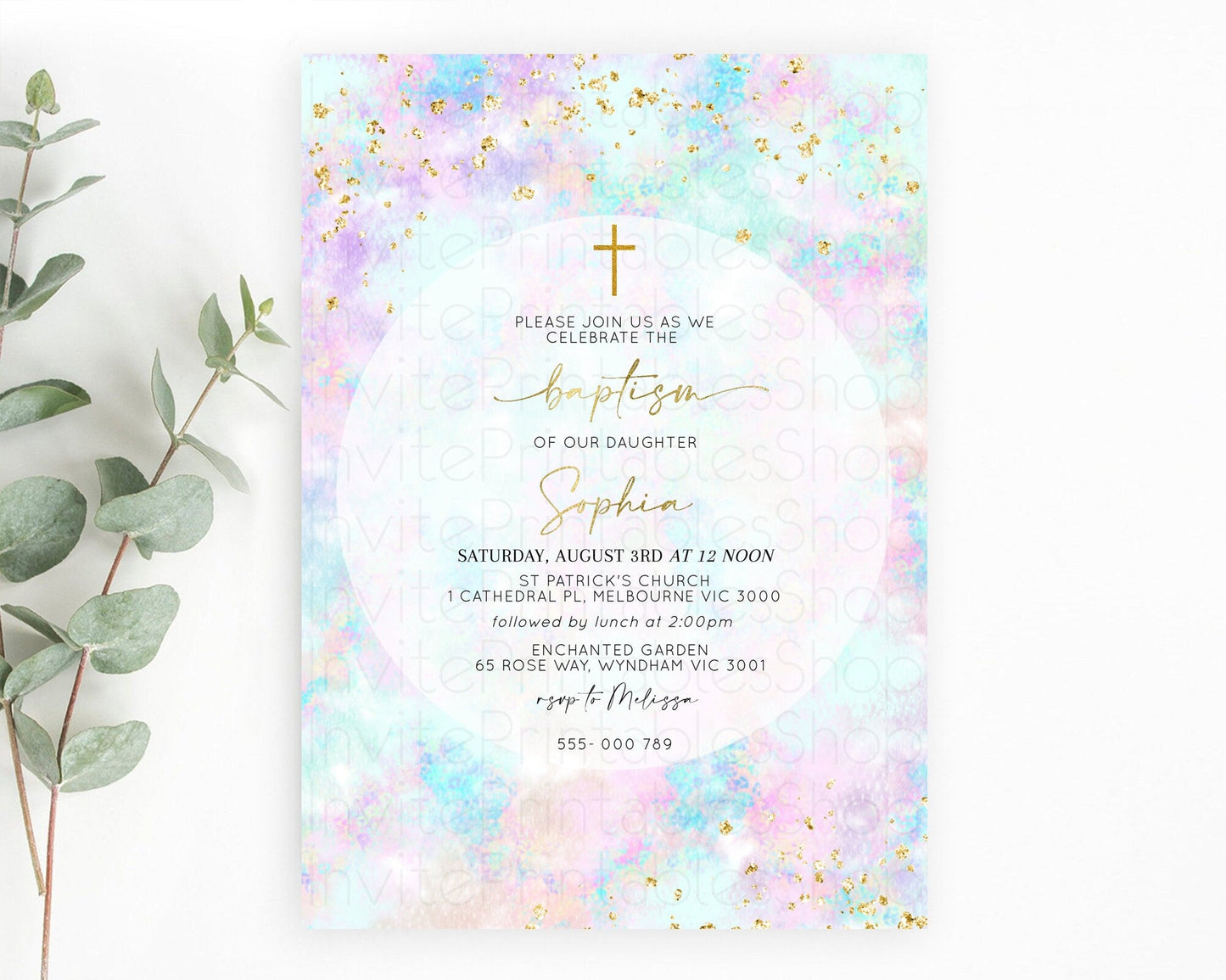 Pastel Baptism Invitation Pastel Colors Watercolor Baptism 1st Birthday Party Gold Ombre Pastel Rainbow Christening Holy Communion D10652