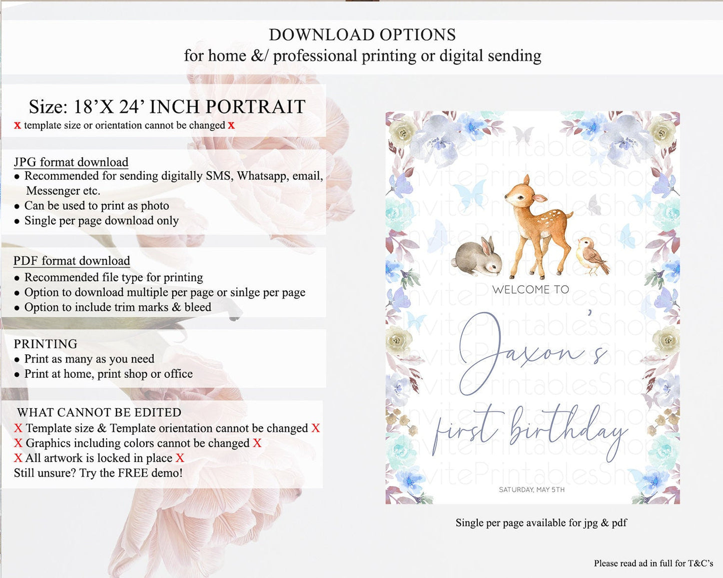 Fawn Welcome Sign Deer Welcome Board Floral Deer Welcome Poster Enchanted Forest Butterfly Pastel Floral First Birthday Welcome Sign D10929