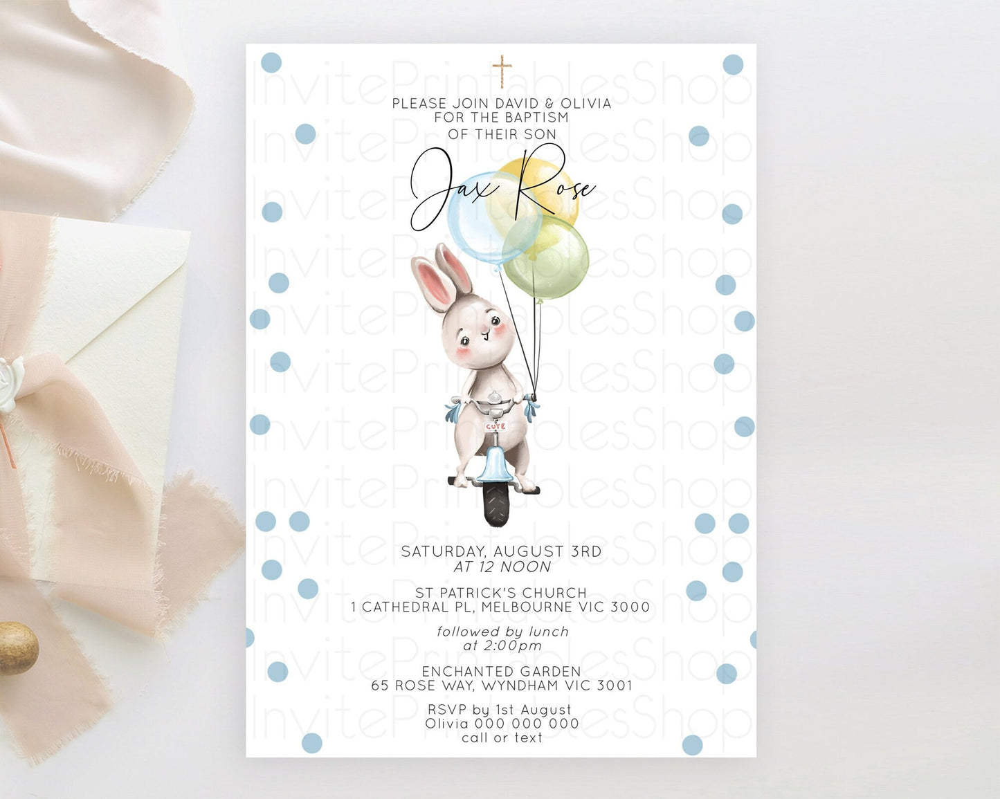 Bunny Baptism Invitation Pastel Bunny Baptism 1st Birthday Invitation Bunny Balloon Christening Invite Pastel Confetti Balloon Bunny D10783