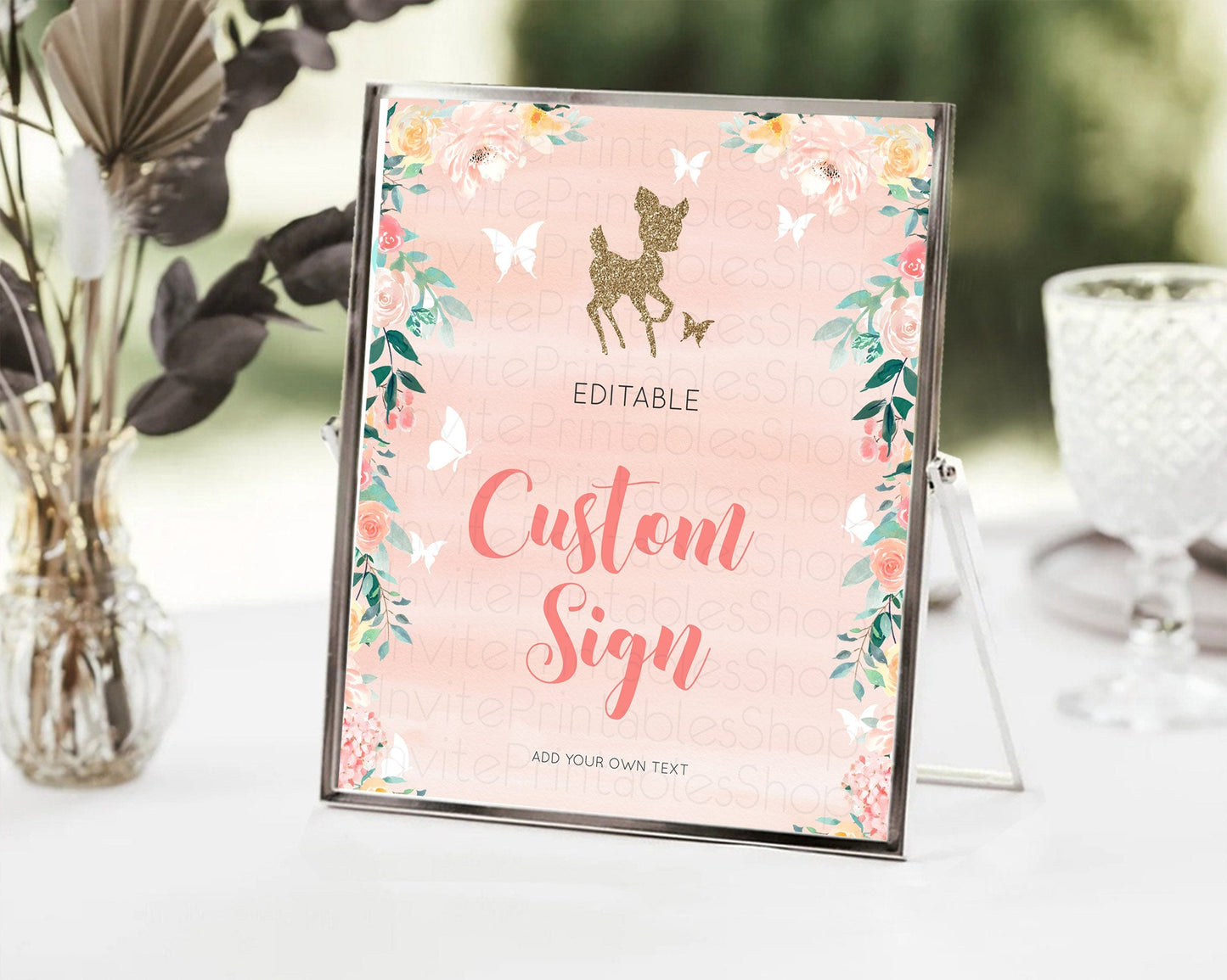 Fawn Deer Sign Pastel Floral Deer Table Sign Decor Enchanted Forest Butterfly Party 1st Birthday Baptism Baby Shower Bridal Shower D10873