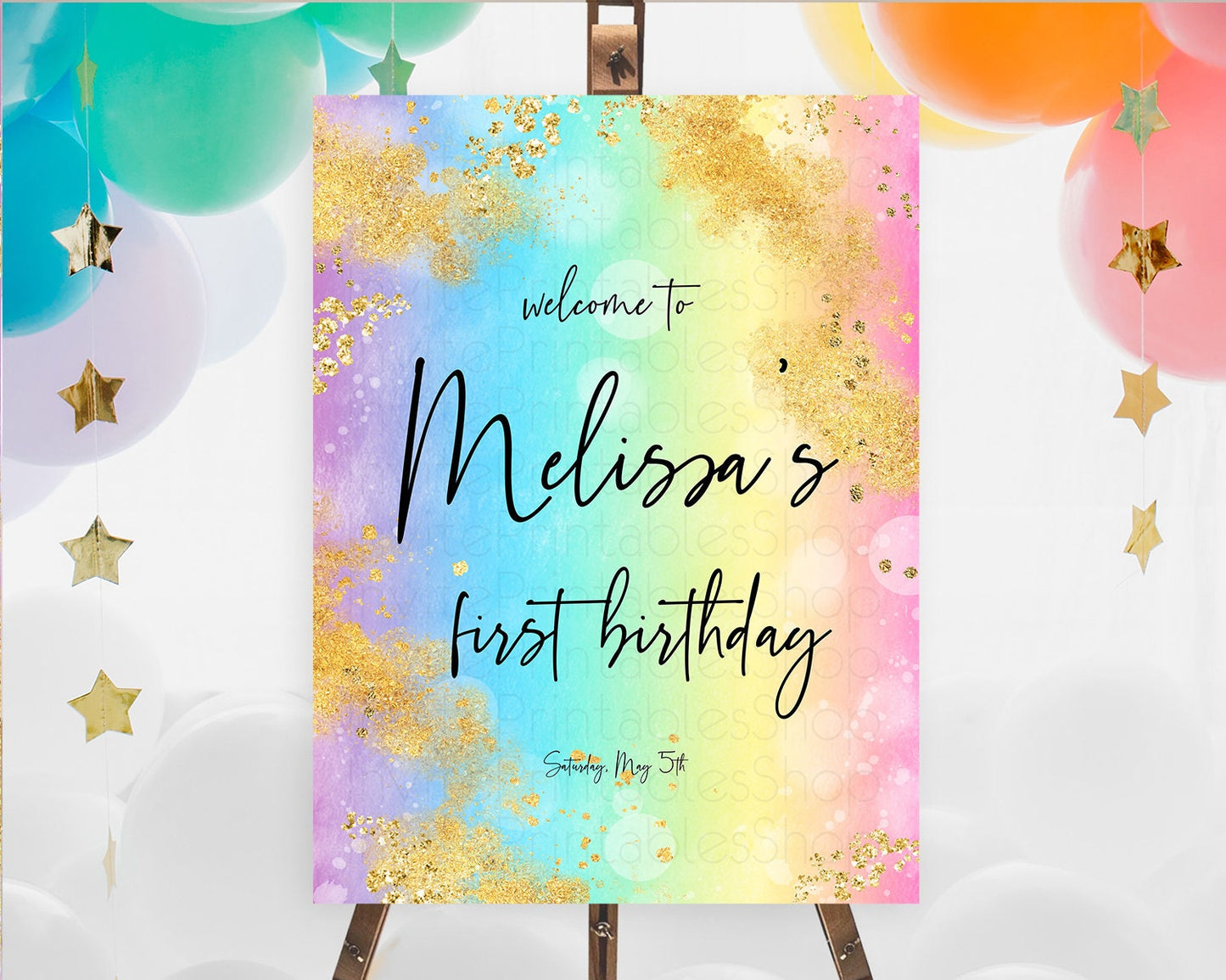 Pastel Welcome Sign Pastel Rainbow Welcome Sign Colorful Rainbow Confetti Watercolor Glitter Pastel First Birthday Welcome Sign D10559