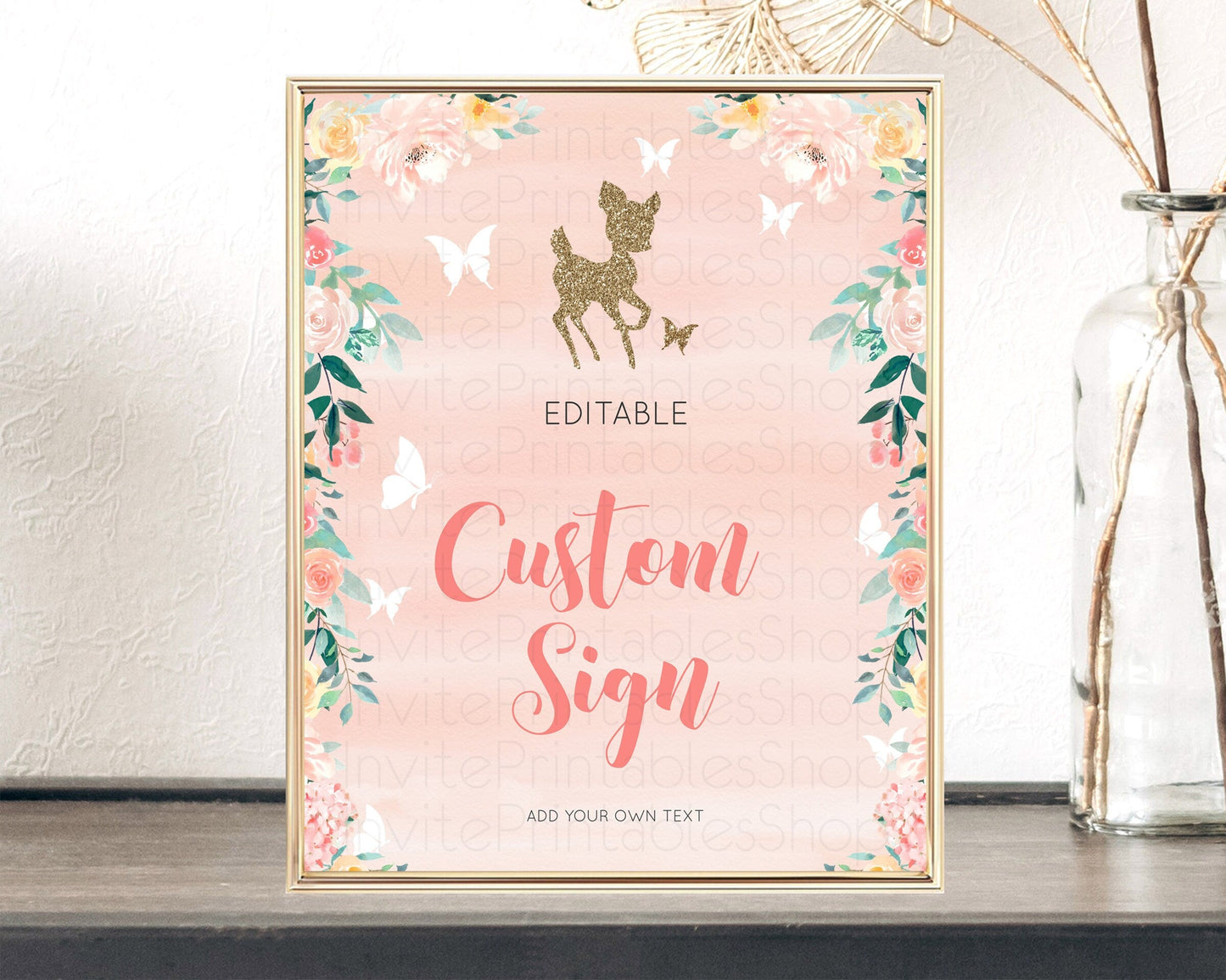 Fawn Deer Sign Pastel Floral Deer Table Sign Decor Enchanted Forest Butterfly Party 1st Birthday Baptism Baby Shower Bridal Shower D10873