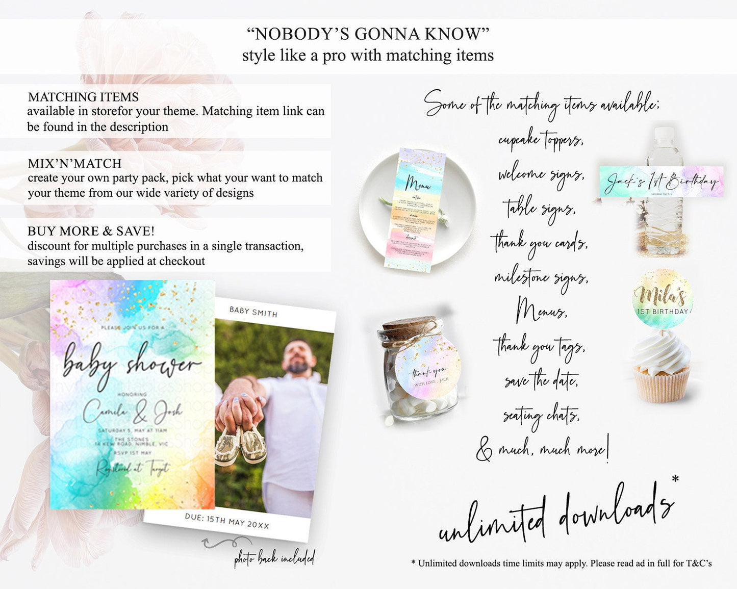 Pastel Rainbow Baby Shower Invitation, Gold Glitter and Colorful Ombre Watercolor, Blue, Purple, Orange, Yellow, Clouds Gender Reveal D10771