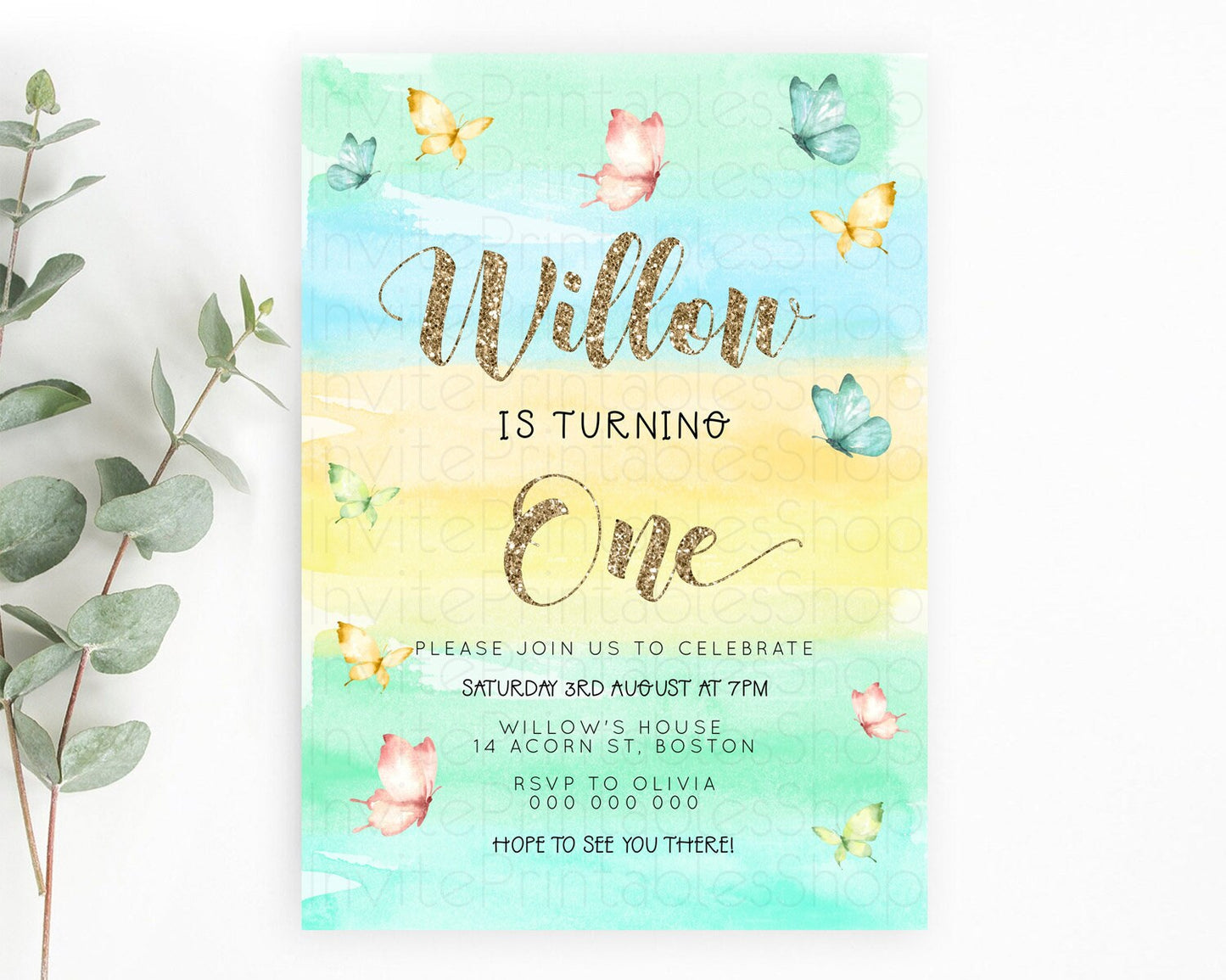 Pastel Butterfly Birthday Invitation Butterfly Birthday Invitation Colorful Splash Glitter Butterfly Garden 1st 2nd Birthday D23222