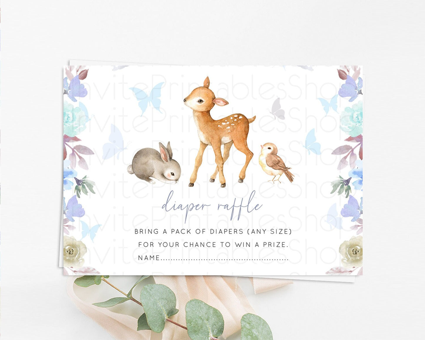 Fawn Diaper Raffle Card Deer Diaper Insert Floral Deer Diaper Ticket Enchanted Forest Butterfly Pastel Baby Shower Raffle Game D10929