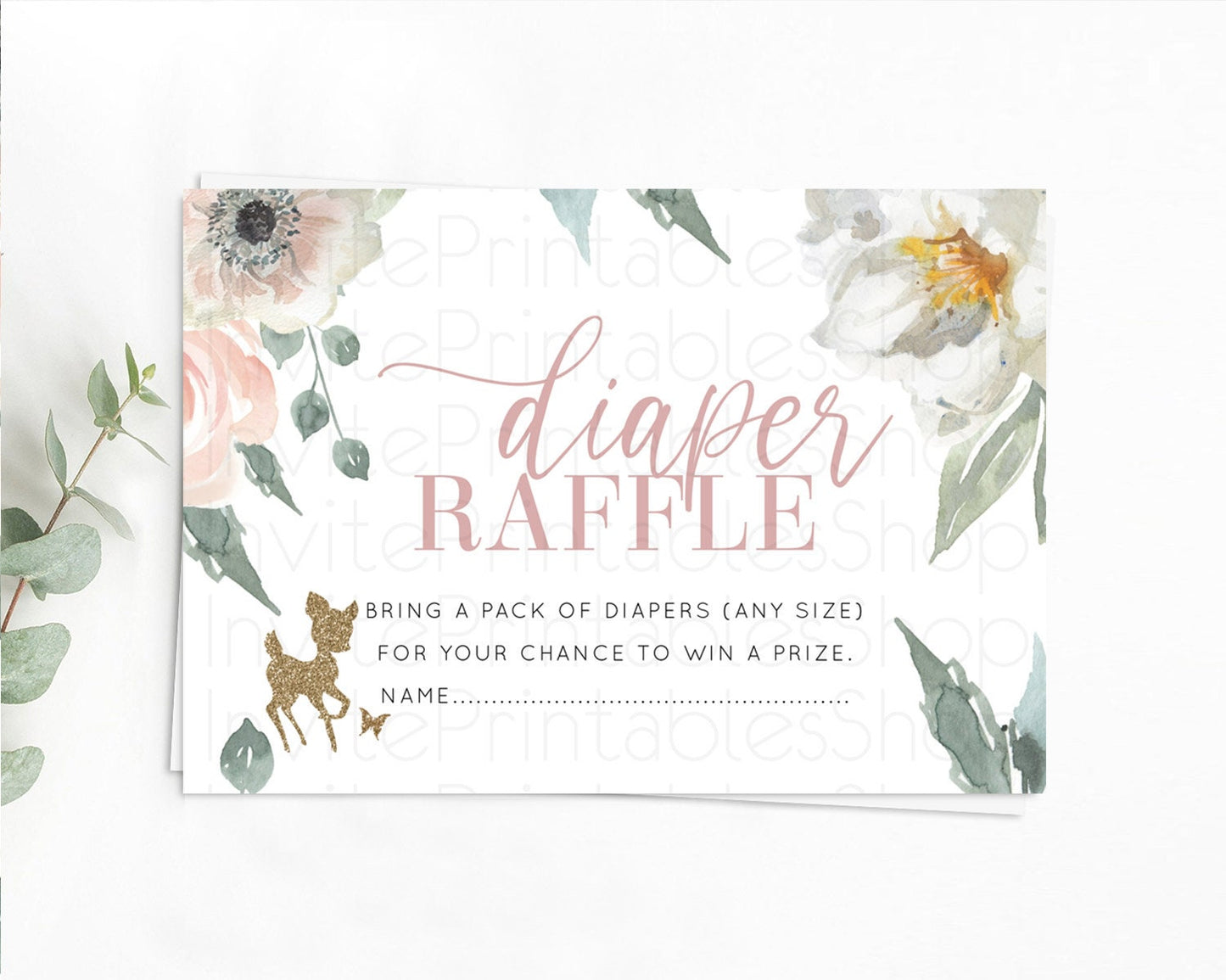 Fawn Diaper Raffle Card Deer Diaper Insert Floral Deer Diaper Ticket Enchanted Forest Butterfly Pastel Baby Shower Raffle Game D10120