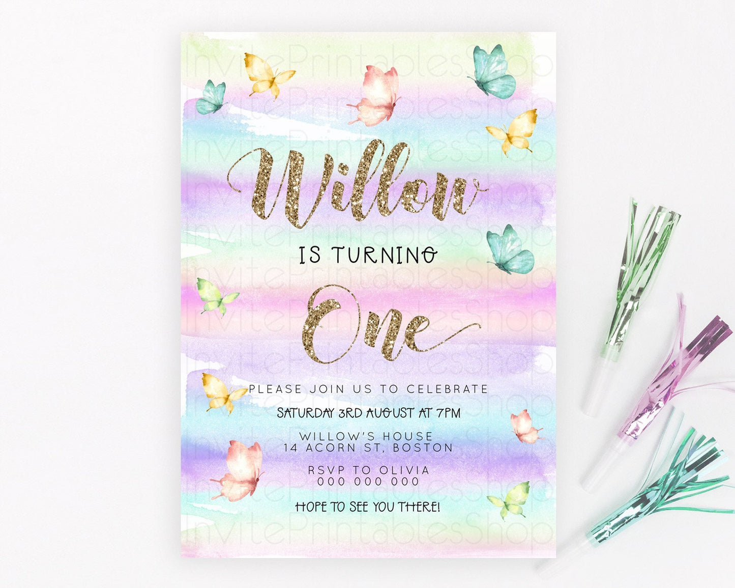 Pastel Butterfly Birthday Invitation Butterfly Birthday Invitation Colorful Splash Glitter Butterfly Garden 1st 2nd Birthday D23216