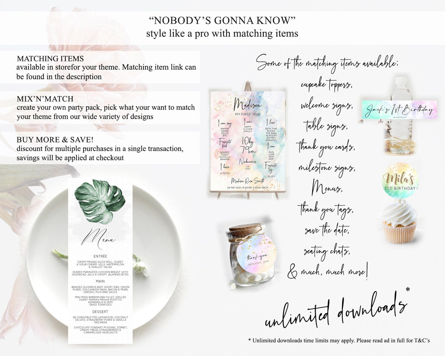 Tropical Menu Template Tropical Menu Palm Leaf Fern Table Decor Frangipani Floral White Orchid Dinner Dessert Menu Party Food Menu D11041