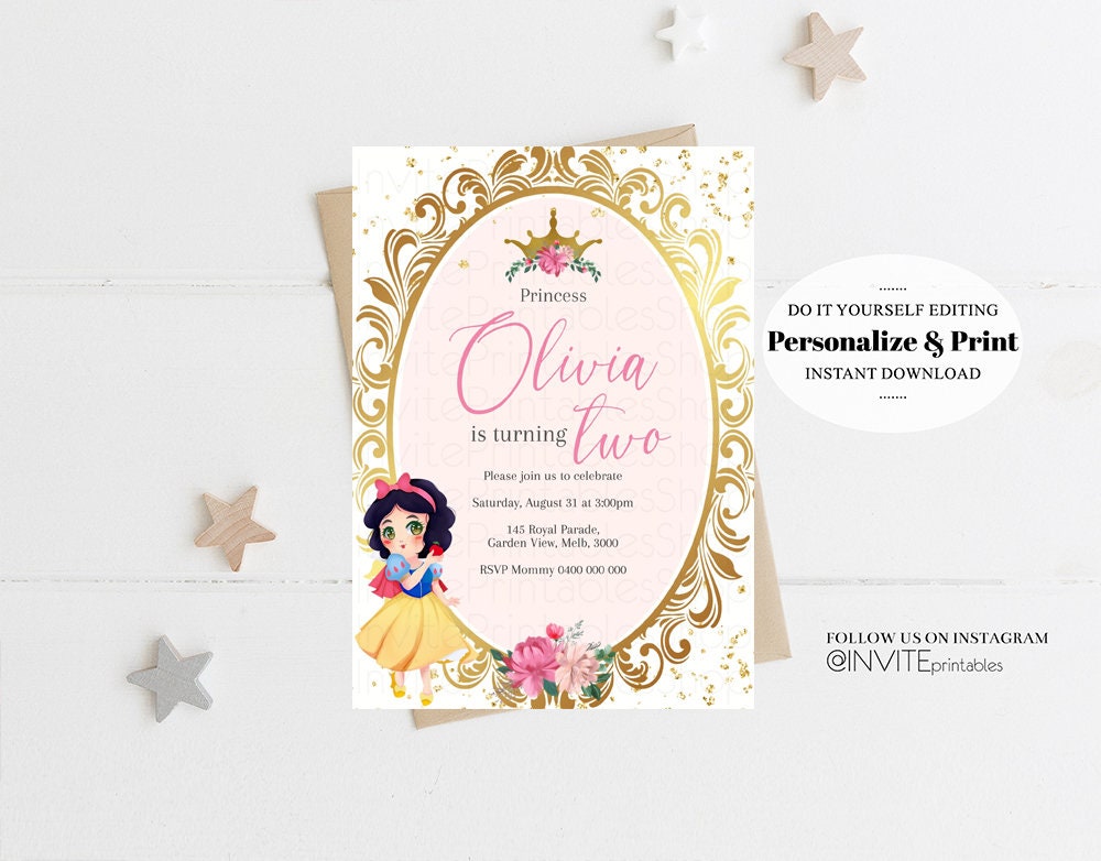 Snow White Birthday Invitation Baby Princess Rose Crown Enchanted Castle Invitation Fairy Tale Mirror Mirror Gold Glitter Royal Celebration