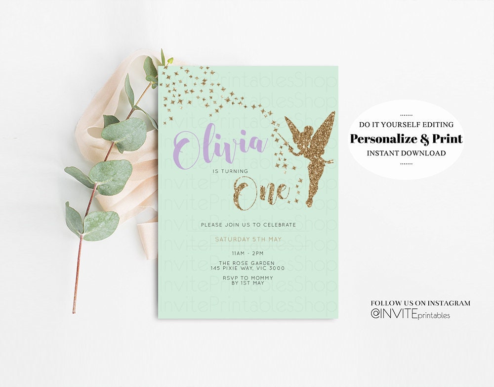 Fairy Birthday Invitation, Gold Glitter Invitation, Tinker Bell Invites, Fairy Invite, Gold Glitter, Green Purple, Fairy Tinker Bell, Pastel