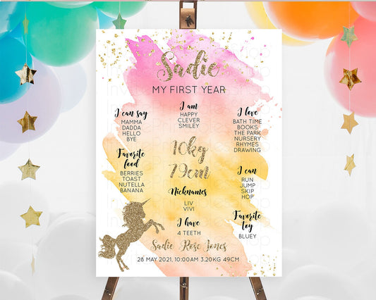 Unicorn Rainbow First Birthday Milestone Poster Pastel Milestone Board Magical Ombre Colorful Watercolor Glitter First Birthday Sign D10528