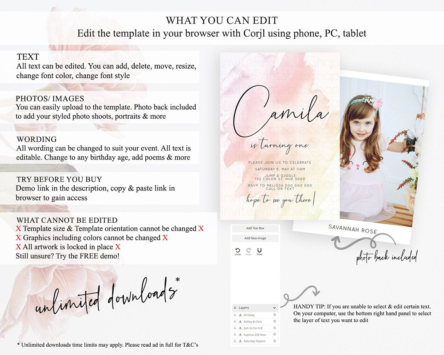 Pink Birthday Invitation pink Watercolor Invitation Pastel pink Watercolor Invitation pink Splash Gold Invitation 1st First Birthday D10164